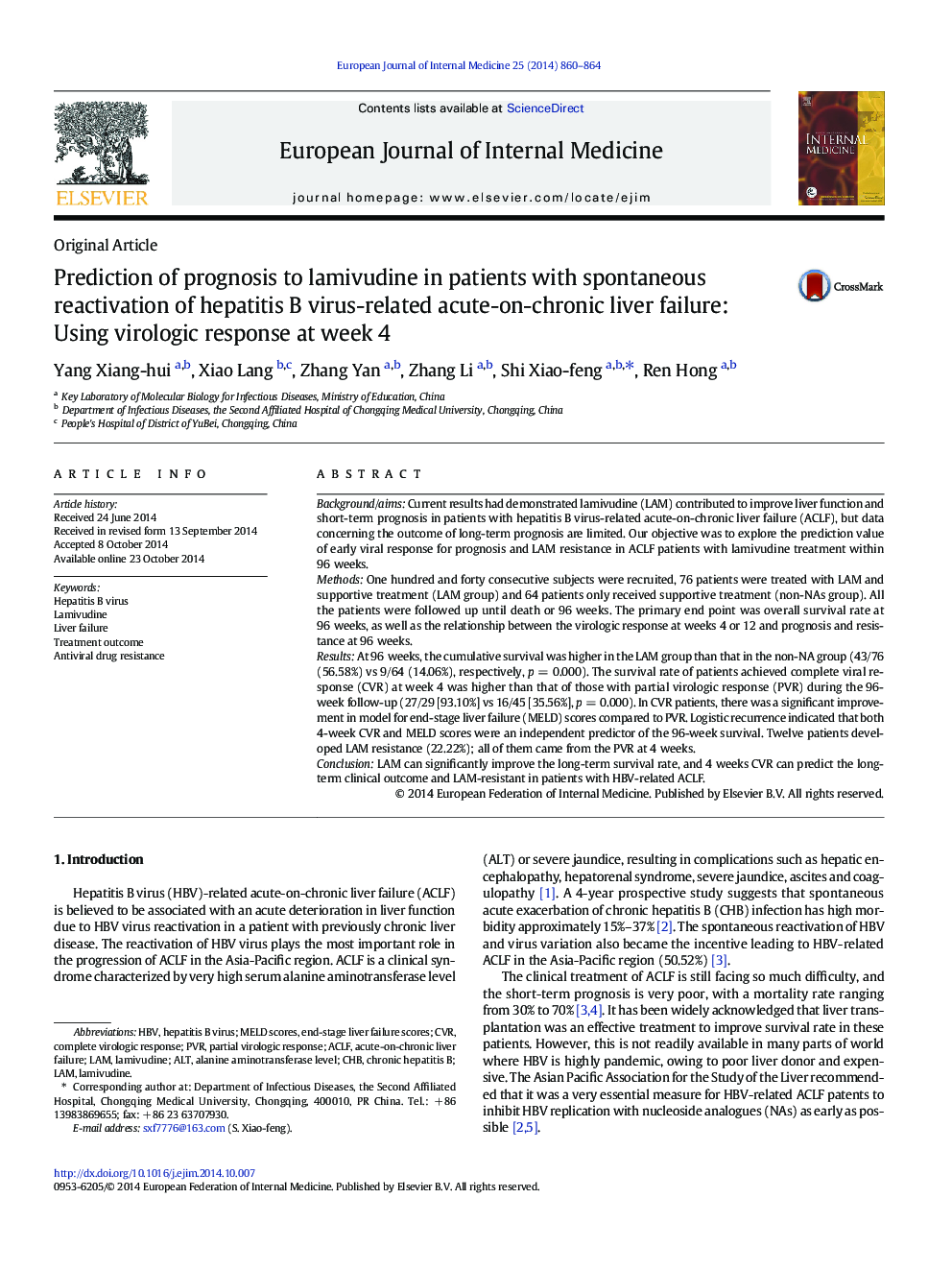 Prediction of prognosis to lamivudine in patients with spontaneous reactivation of hepatitis B virus-related acute-on-chronic liver failure: Using virologic response at week 4