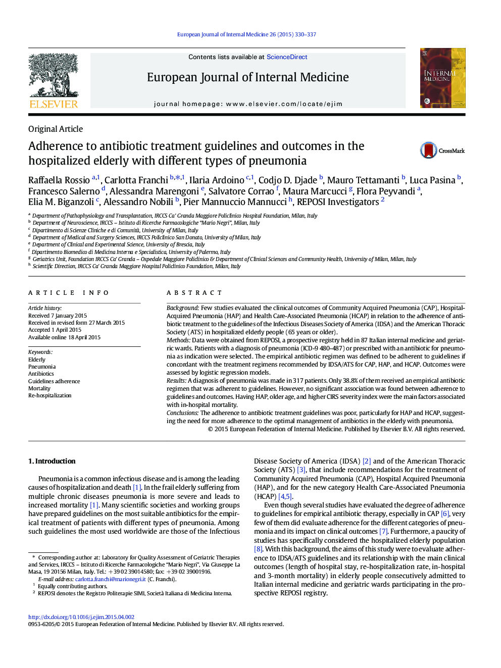 Adherence to antibiotic treatment guidelines and outcomes in the hospitalized elderly with different types of pneumonia