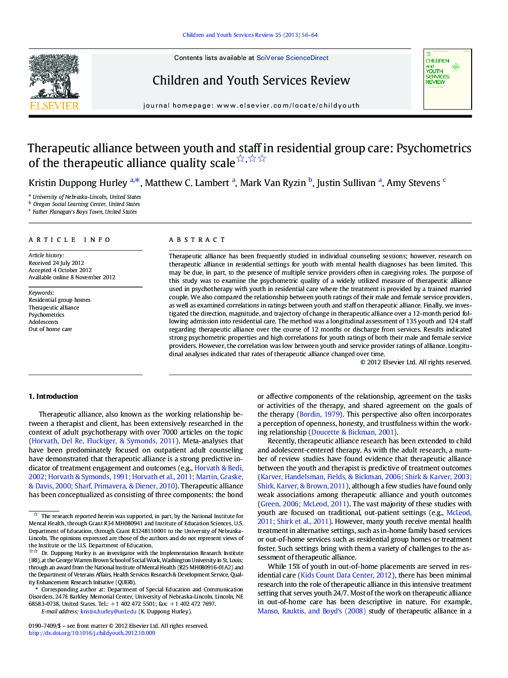 Therapeutic alliance between youth and staff in residential group care: Psychometrics of the therapeutic alliance quality scale 