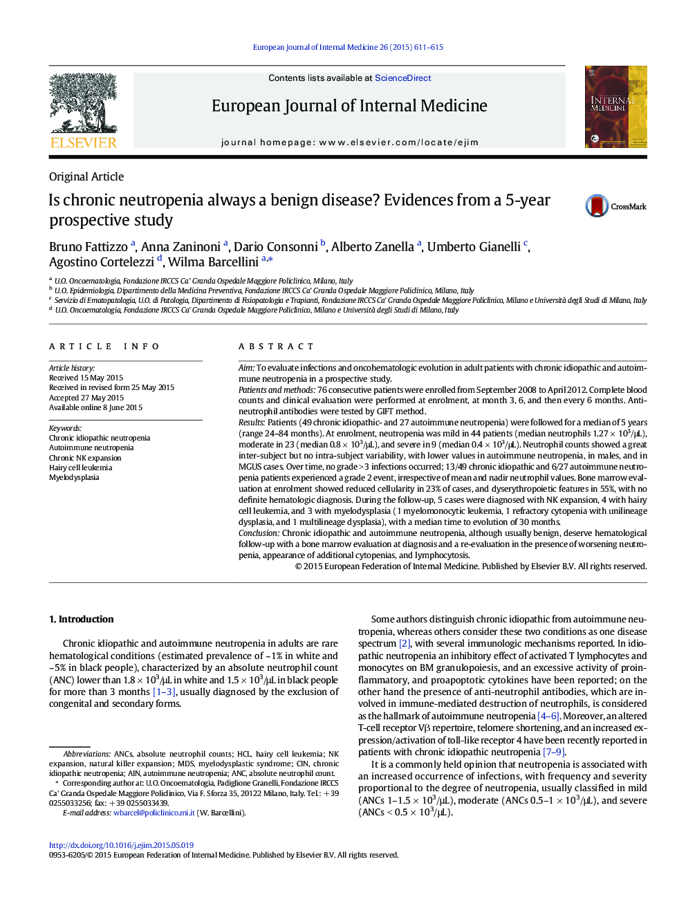 Is chronic neutropenia always a benign disease? Evidences from a 5-year prospective study