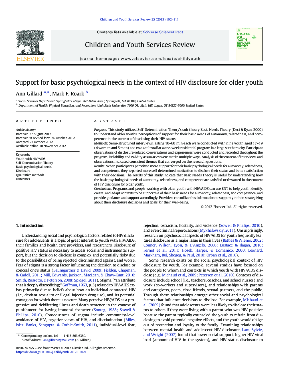 Support for basic psychological needs in the context of HIV disclosure for older youth