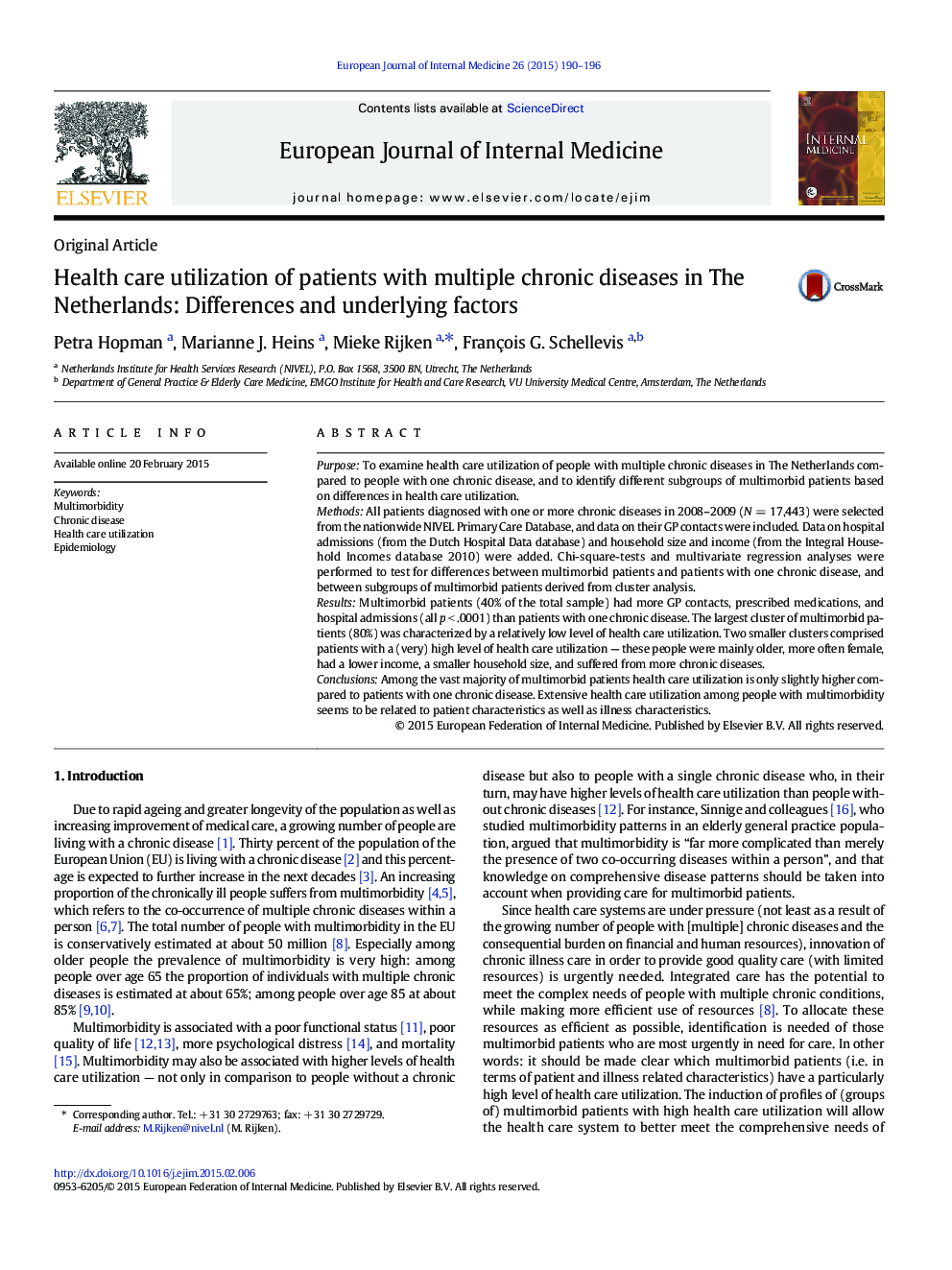 Health care utilization of patients with multiple chronic diseases in The Netherlands: Differences and underlying factors