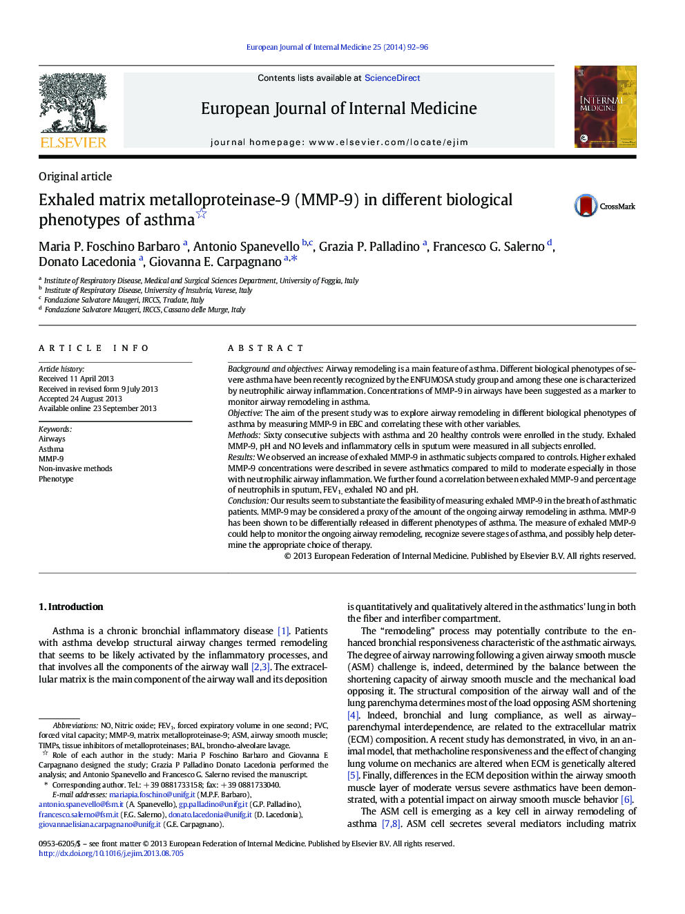 Exhaled matrix metalloproteinase-9 (MMP-9) in different biological phenotypes of asthma 