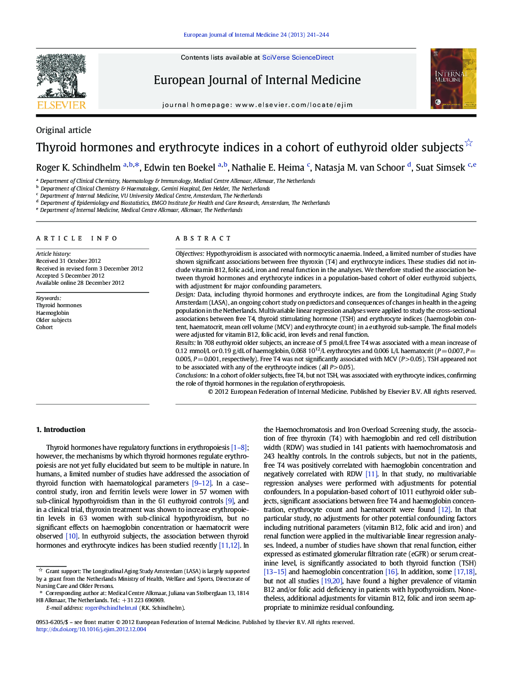 Thyroid hormones and erythrocyte indices in a cohort of euthyroid older subjects 