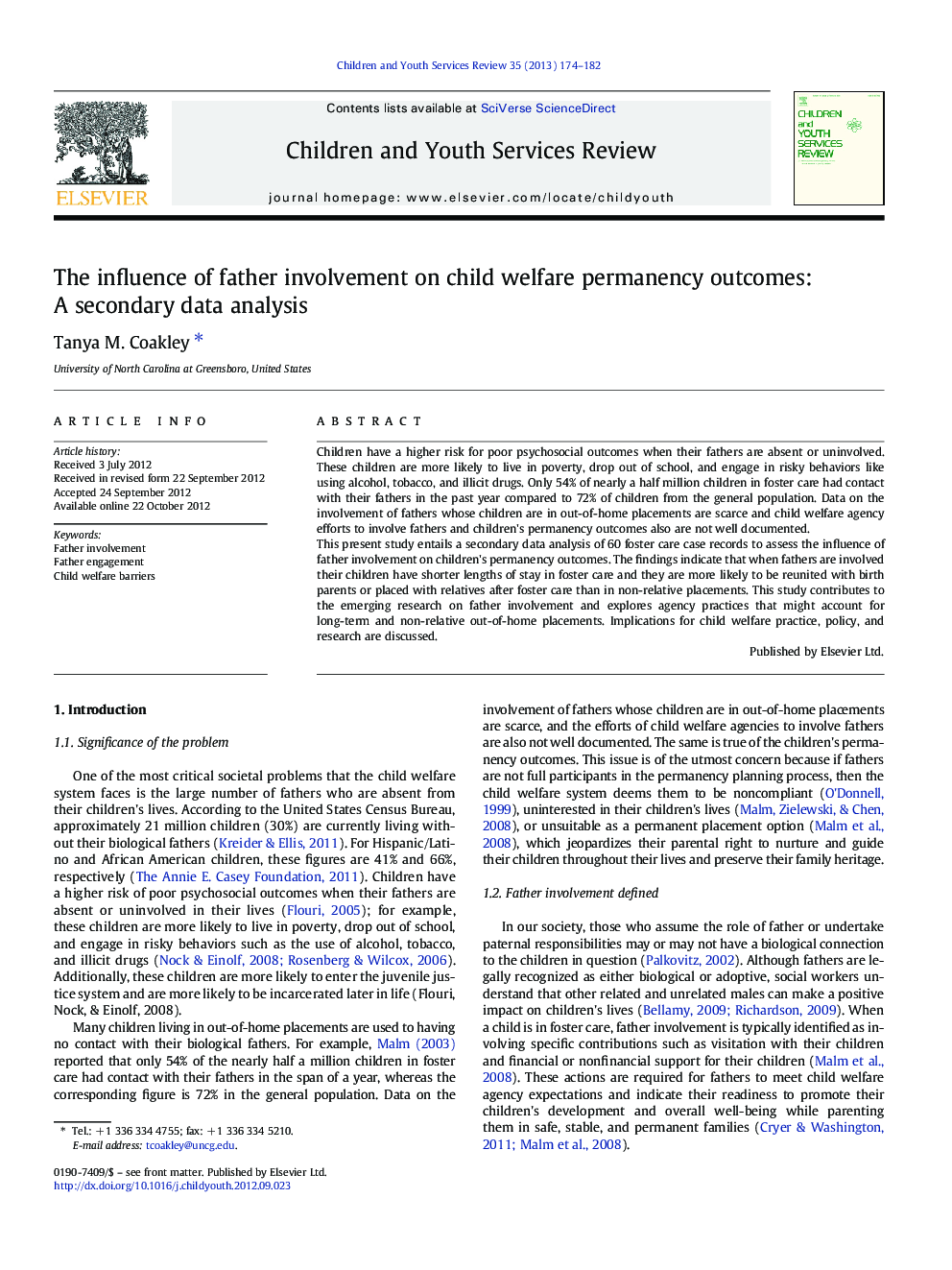 The influence of father involvement on child welfare permanency outcomes: A secondary data analysis