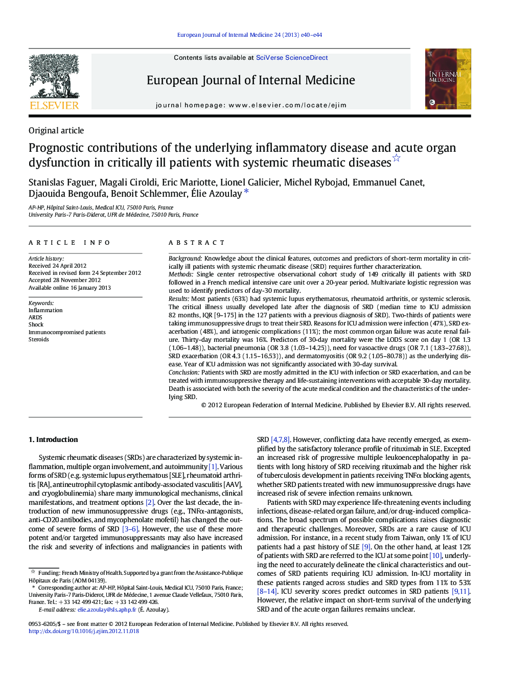 Prognostic contributions of the underlying inflammatory disease and acute organ dysfunction in critically ill patients with systemic rheumatic diseases 