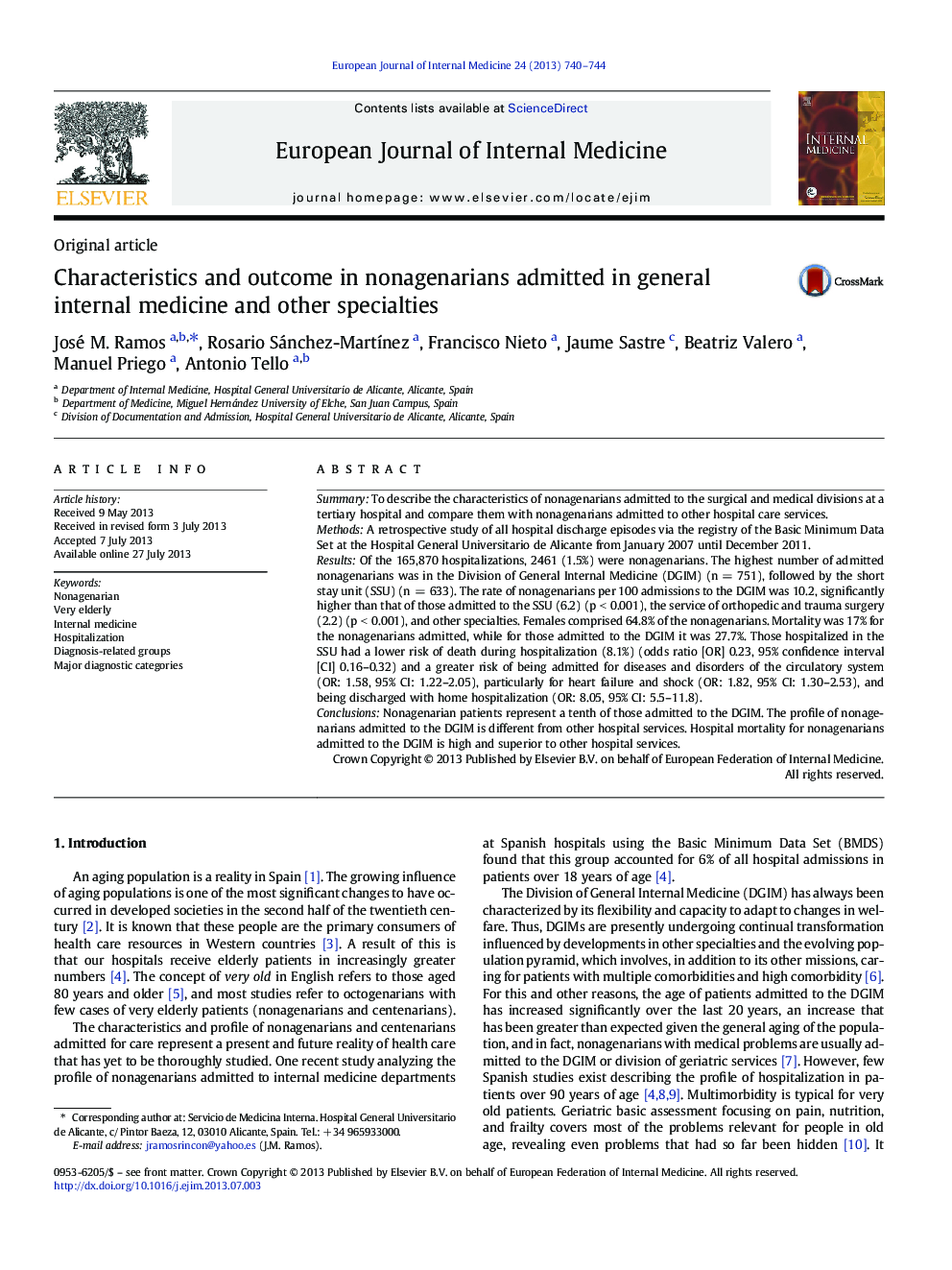 Characteristics and outcome in nonagenarians admitted in general internal medicine and other specialties