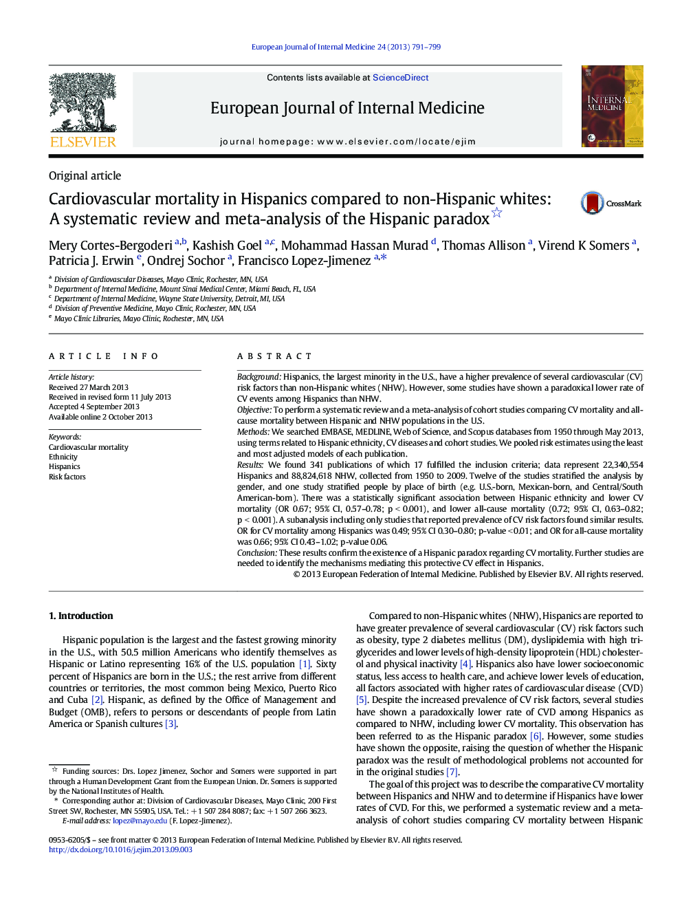 Cardiovascular mortality in Hispanics compared to non-Hispanic whites: A systematic review and meta-analysis of the Hispanic paradox 