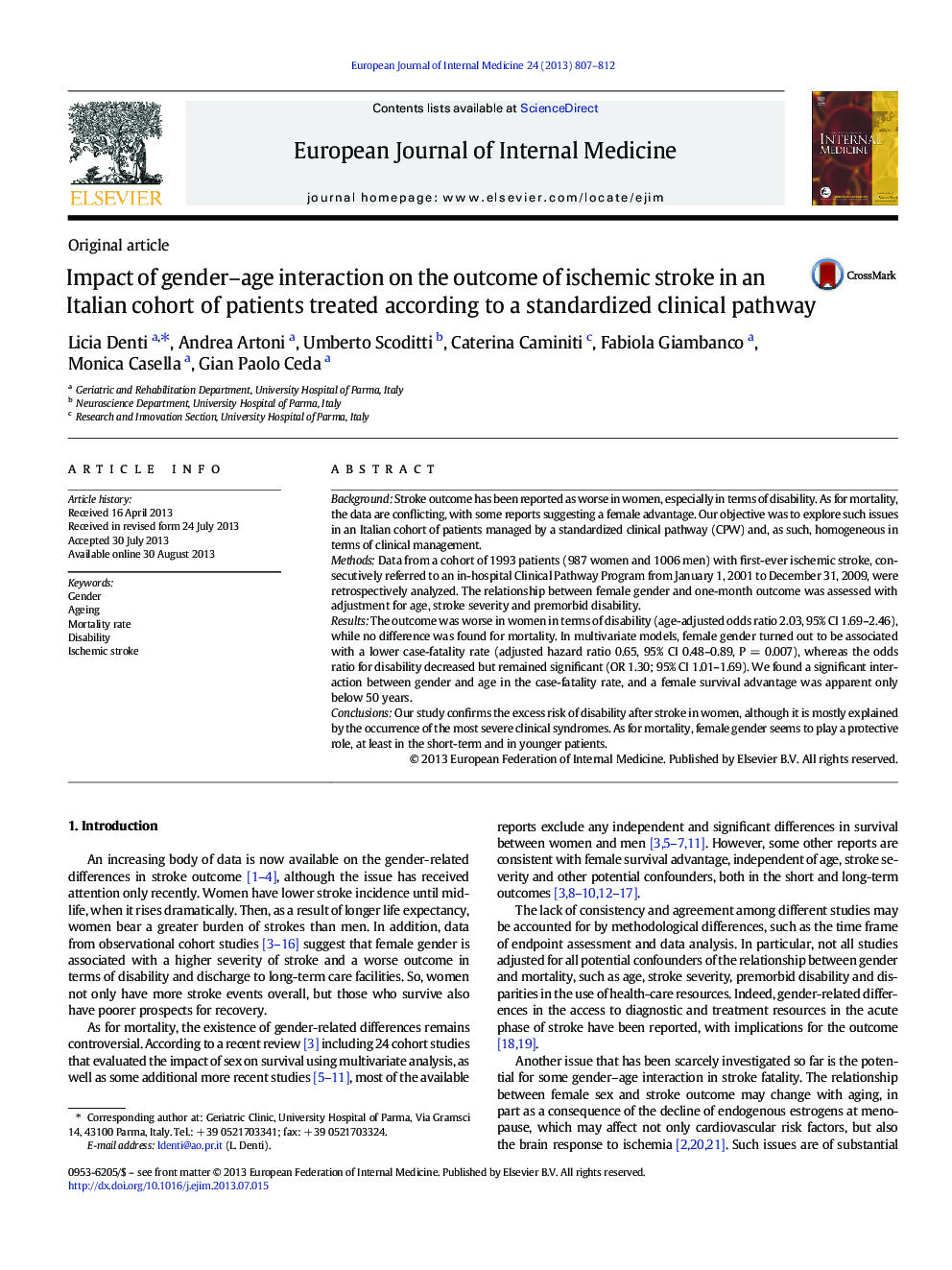 Impact of gender–age interaction on the outcome of ischemic stroke in an Italian cohort of patients treated according to a standardized clinical pathway