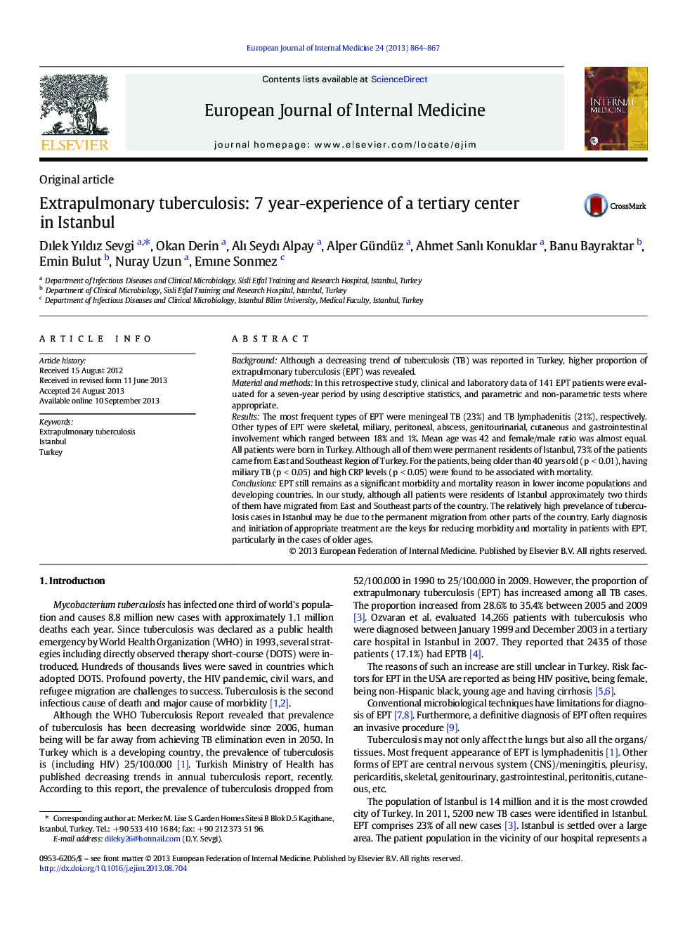 Extrapulmonary tuberculosis: 7 year-experience of a tertiary center in Istanbul