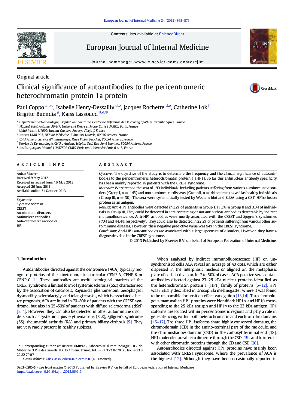 Clinical significance of autoantibodies to the pericentromeric heterochromatin protein 1a protein