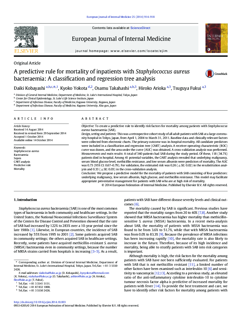 A predictive rule for mortality of inpatients with Staphylococcus aureus bacteraemia: A classification and regression tree analysis