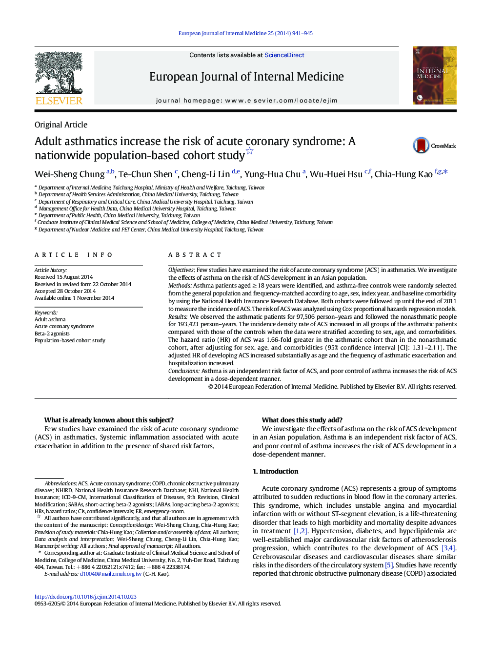 Adult asthmatics increase the risk of acute coronary syndrome: A nationwide population-based cohort study 