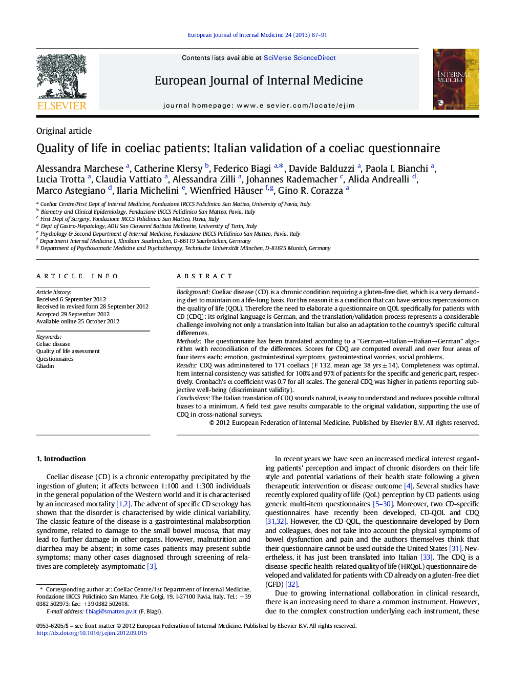 Quality of life in coeliac patients: Italian validation of a coeliac questionnaire