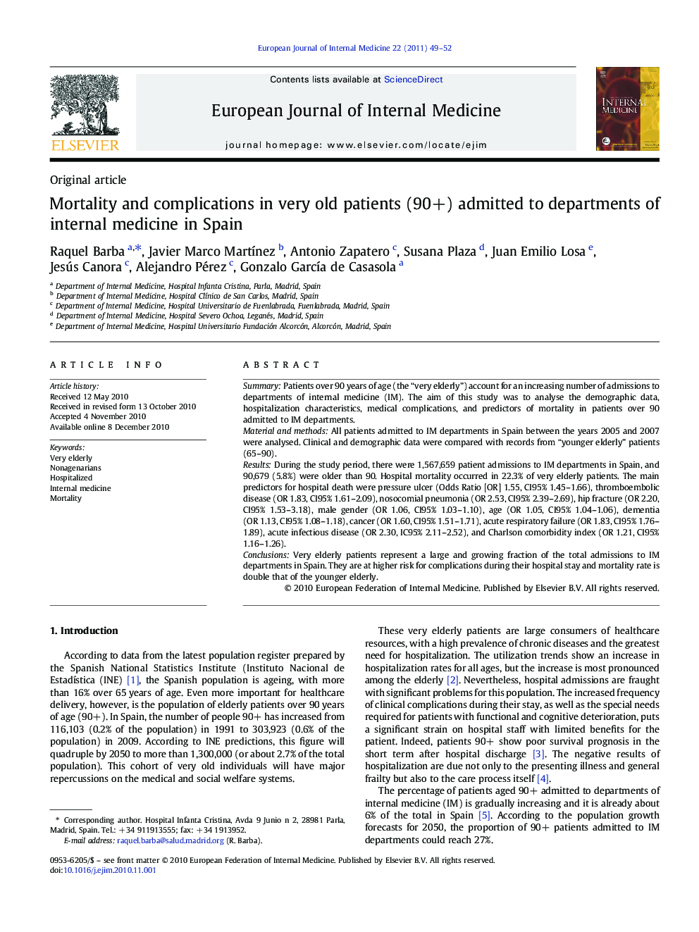 Mortality and complications in very old patients (90+) admitted to departments of internal medicine in Spain