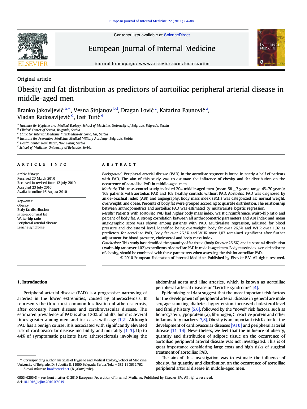 Obesity and fat distribution as predictors of aortoiliac peripheral arterial disease in middle-aged men