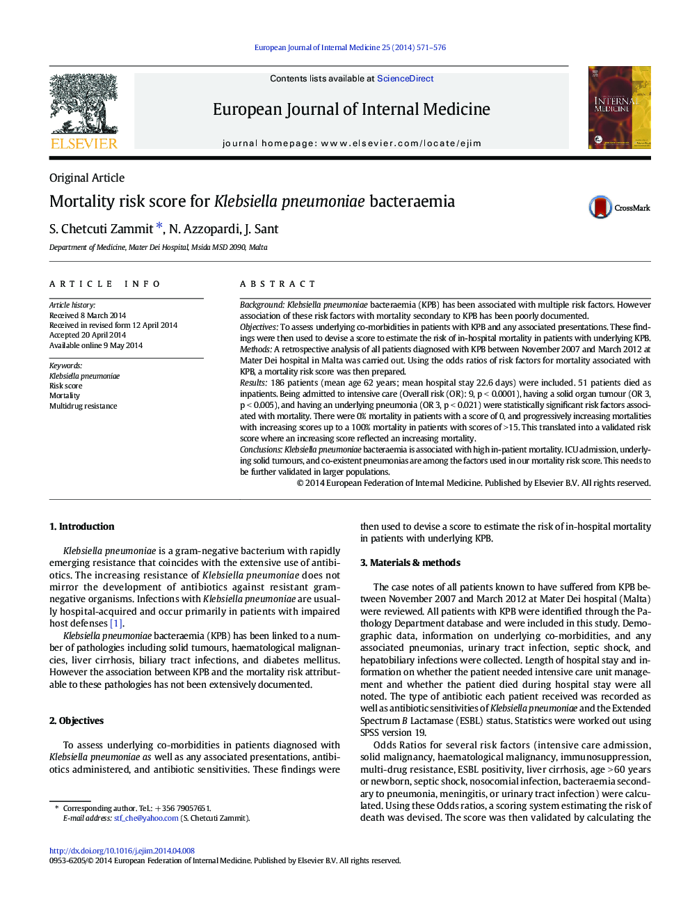 Mortality risk score for Klebsiella pneumoniae bacteraemia