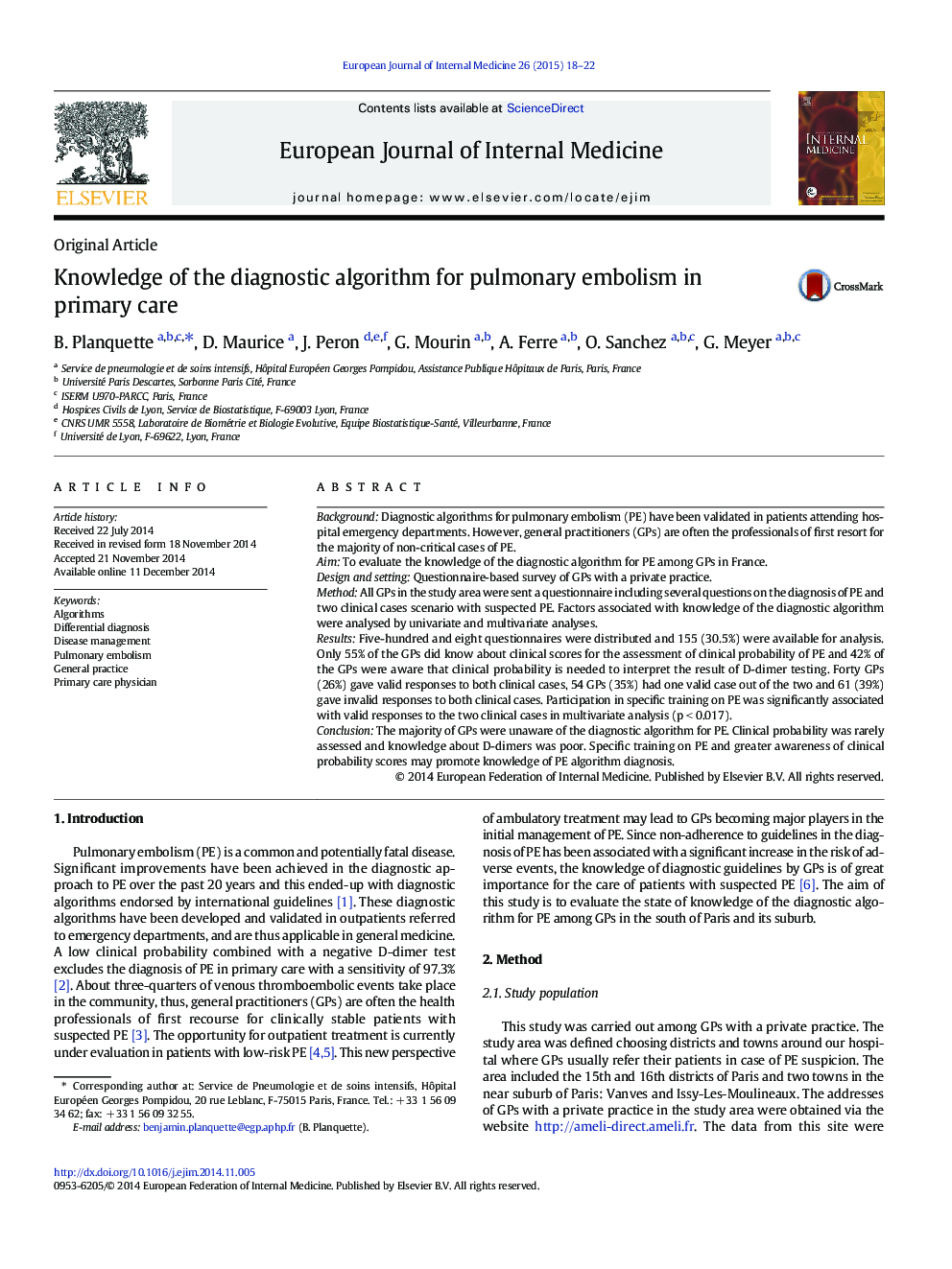 Knowledge of the diagnostic algorithm for pulmonary embolism in primary care