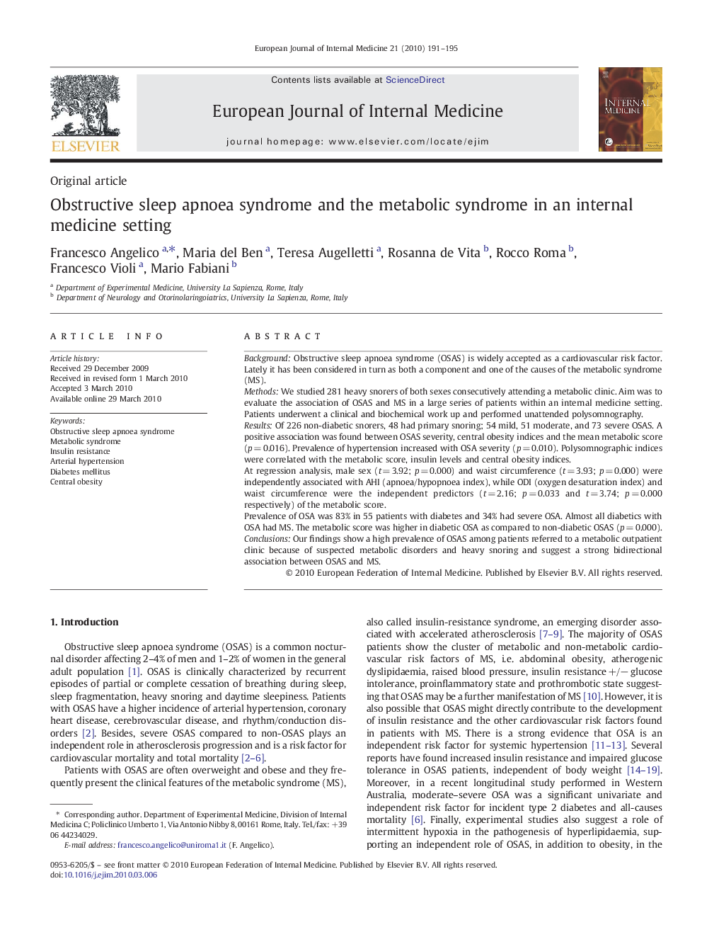 Obstructive sleep apnoea syndrome and the metabolic syndrome in an internal medicine setting