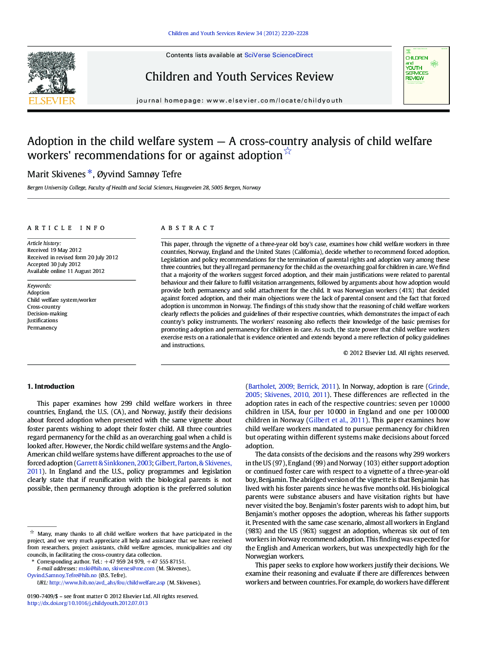 Adoption in the child welfare system — A cross-country analysis of child welfare workers' recommendations for or against adoption 