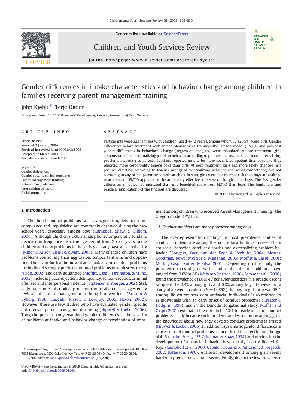 Gender differences in intake characteristics and behavior change among children in families receiving parent management training