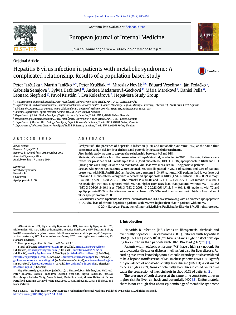 Hepatitis B virus infection in patients with metabolic syndrome: A complicated relationship. Results of a population based study