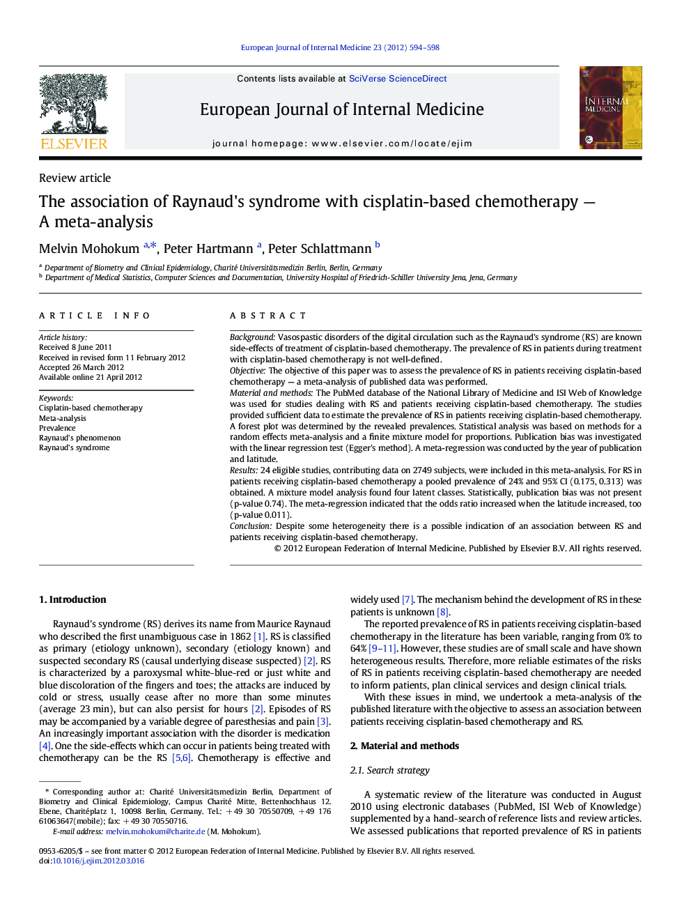 The association of Raynaud's syndrome with cisplatin-based chemotherapy — A meta-analysis