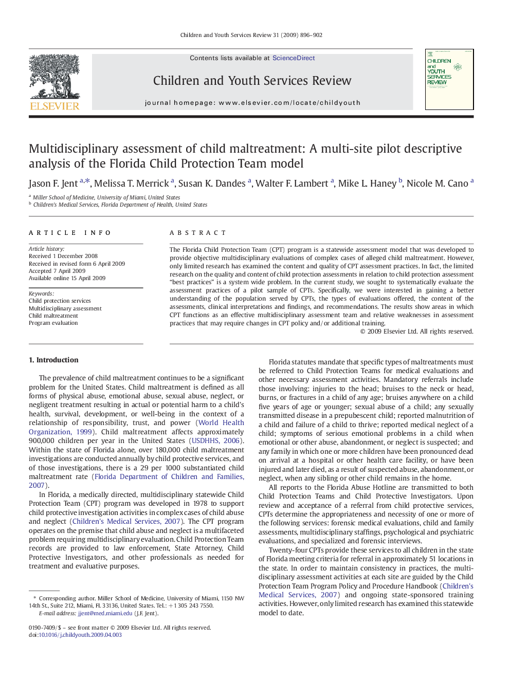 Multidisciplinary assessment of child maltreatment: A multi-site pilot descriptive analysis of the Florida Child Protection Team model