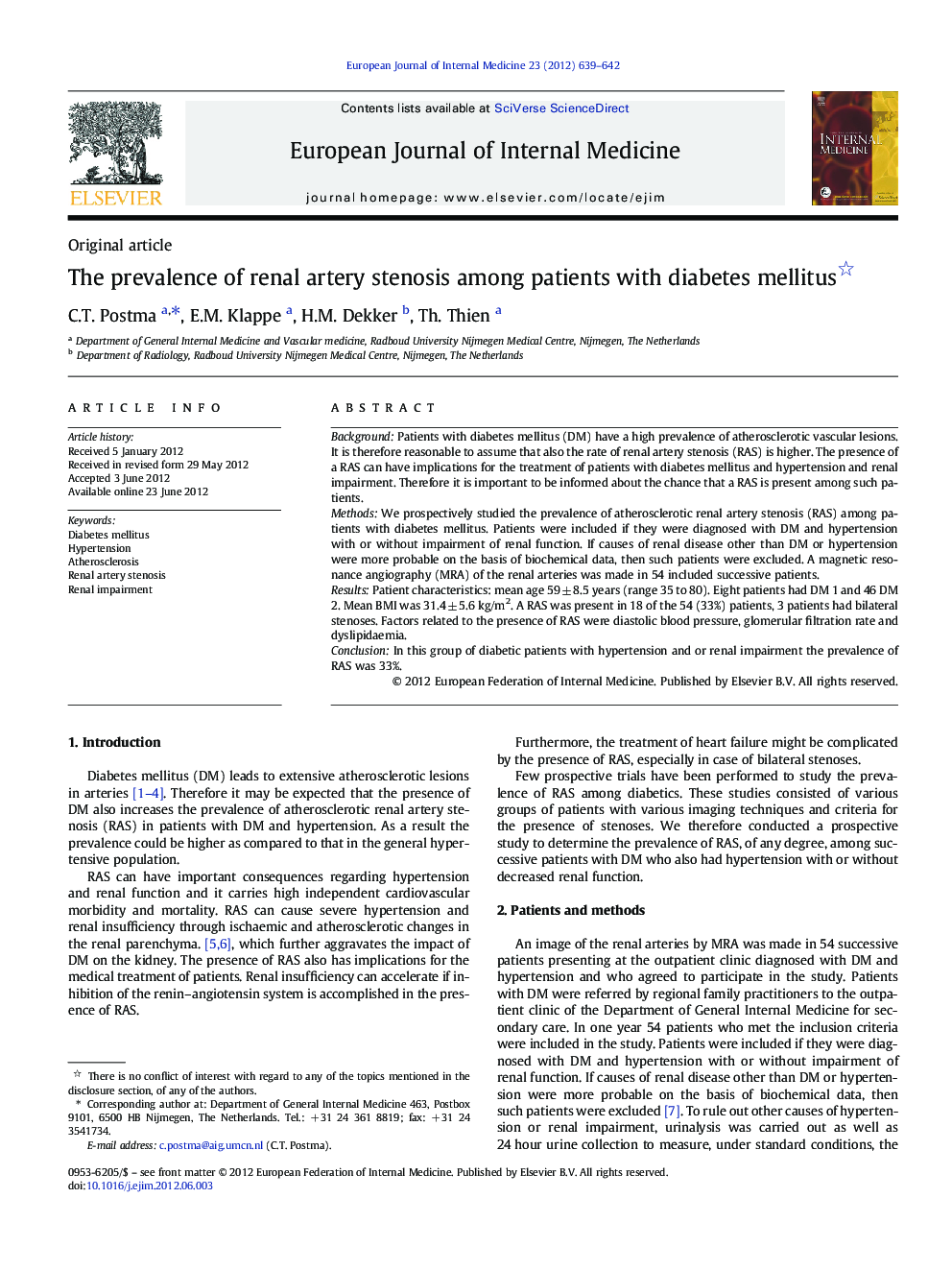 The prevalence of renal artery stenosis among patients with diabetes mellitus 