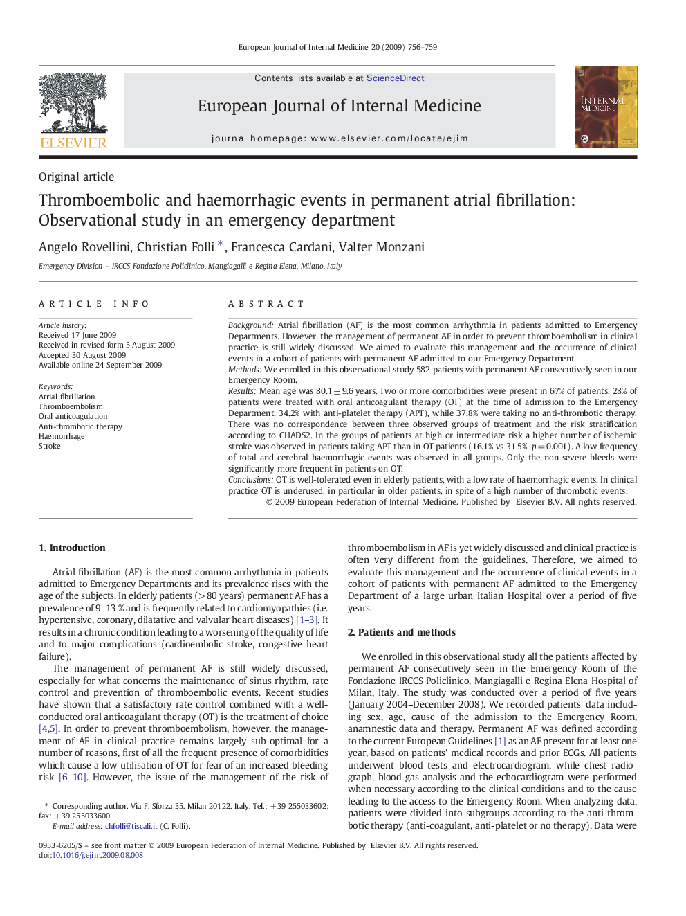 Thromboembolic and haemorrhagic events in permanent atrial fibrillation: Observational study in an emergency department