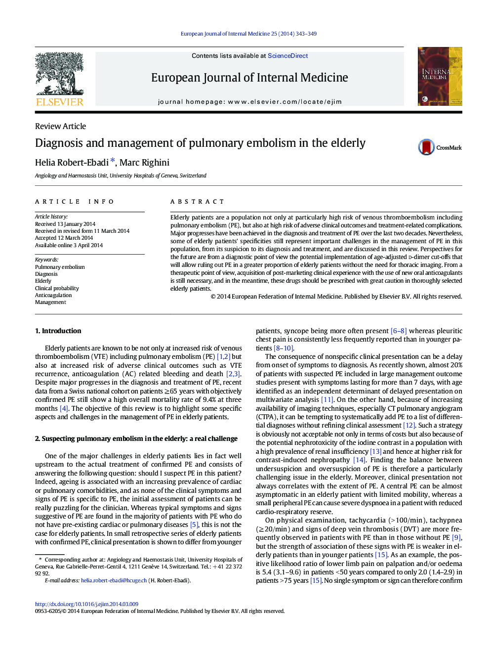 Diagnosis and management of pulmonary embolism in the elderly