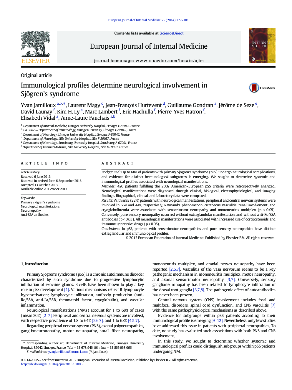 Immunological profiles determine neurological involvement in Sjögren's syndrome
