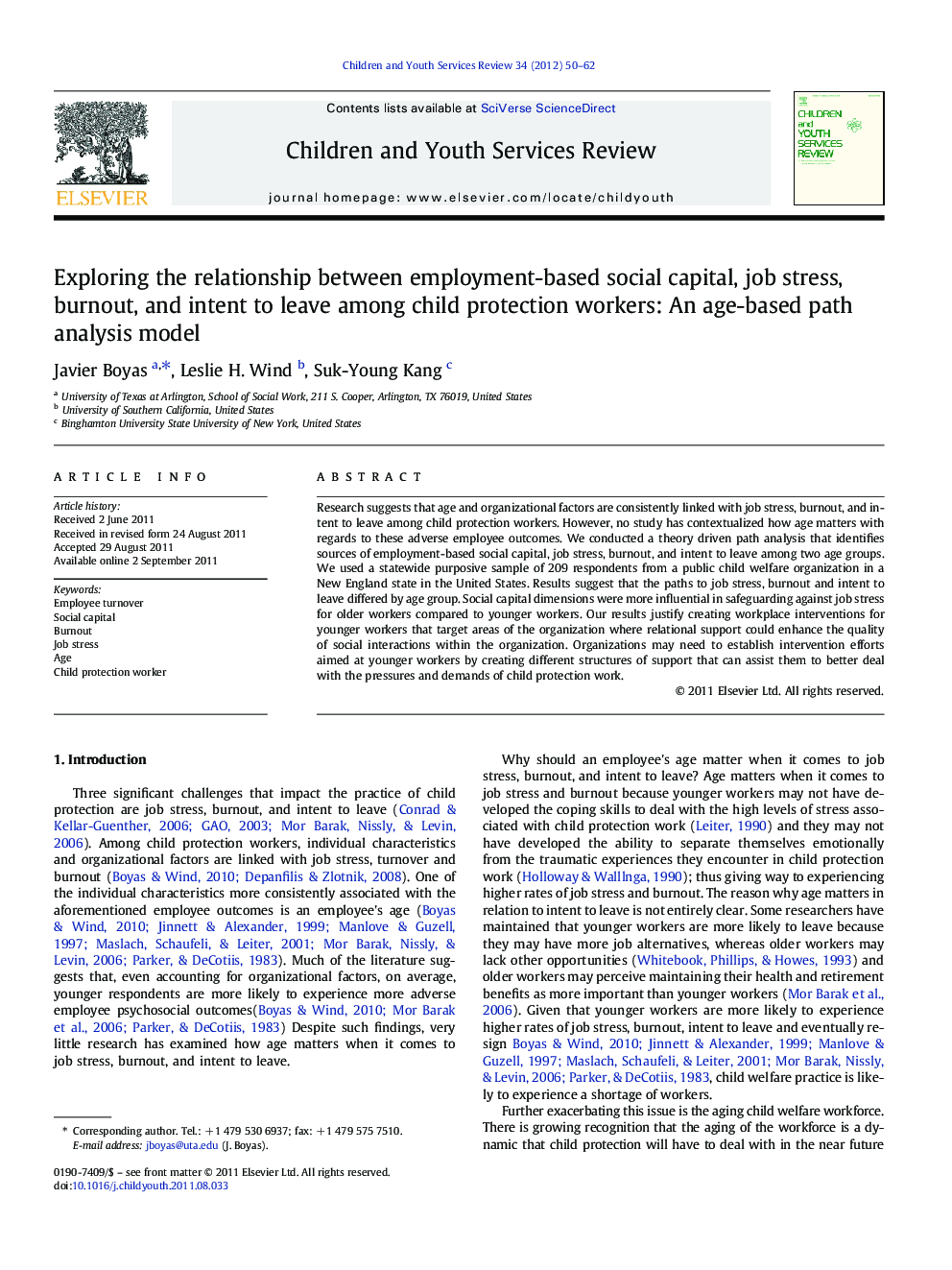 Exploring the relationship between employment-based social capital, job stress, burnout, and intent to leave among child protection workers: An age-based path analysis model
