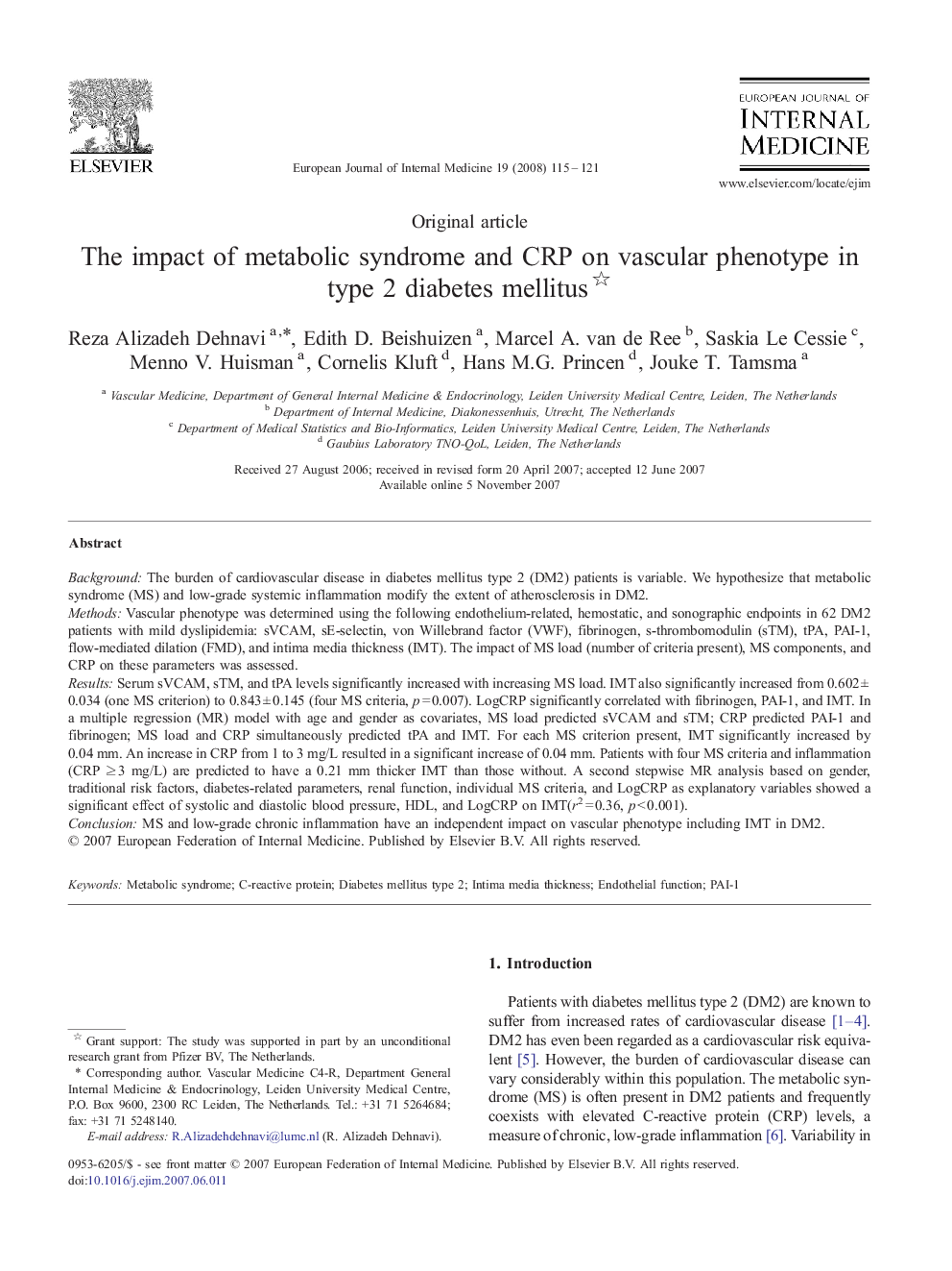 The impact of metabolic syndrome and CRP on vascular phenotype in type 2 diabetes mellitus 