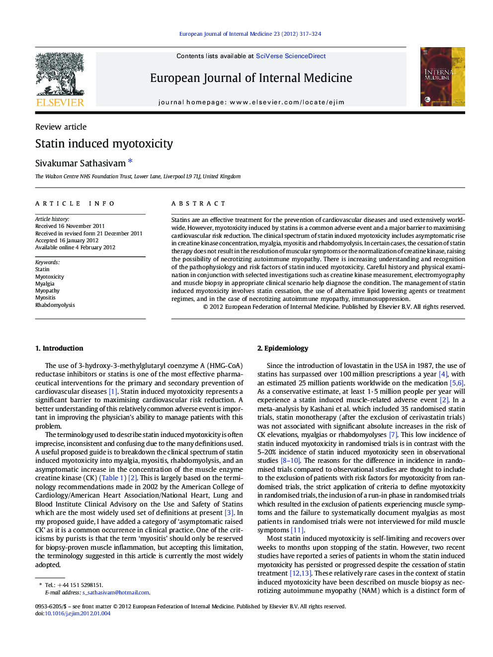 Statin induced myotoxicity