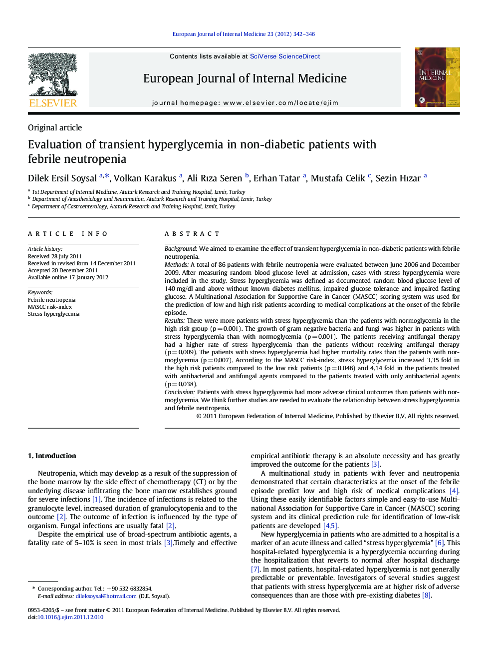 Evaluation of transient hyperglycemia in non-diabetic patients with febrile neutropenia