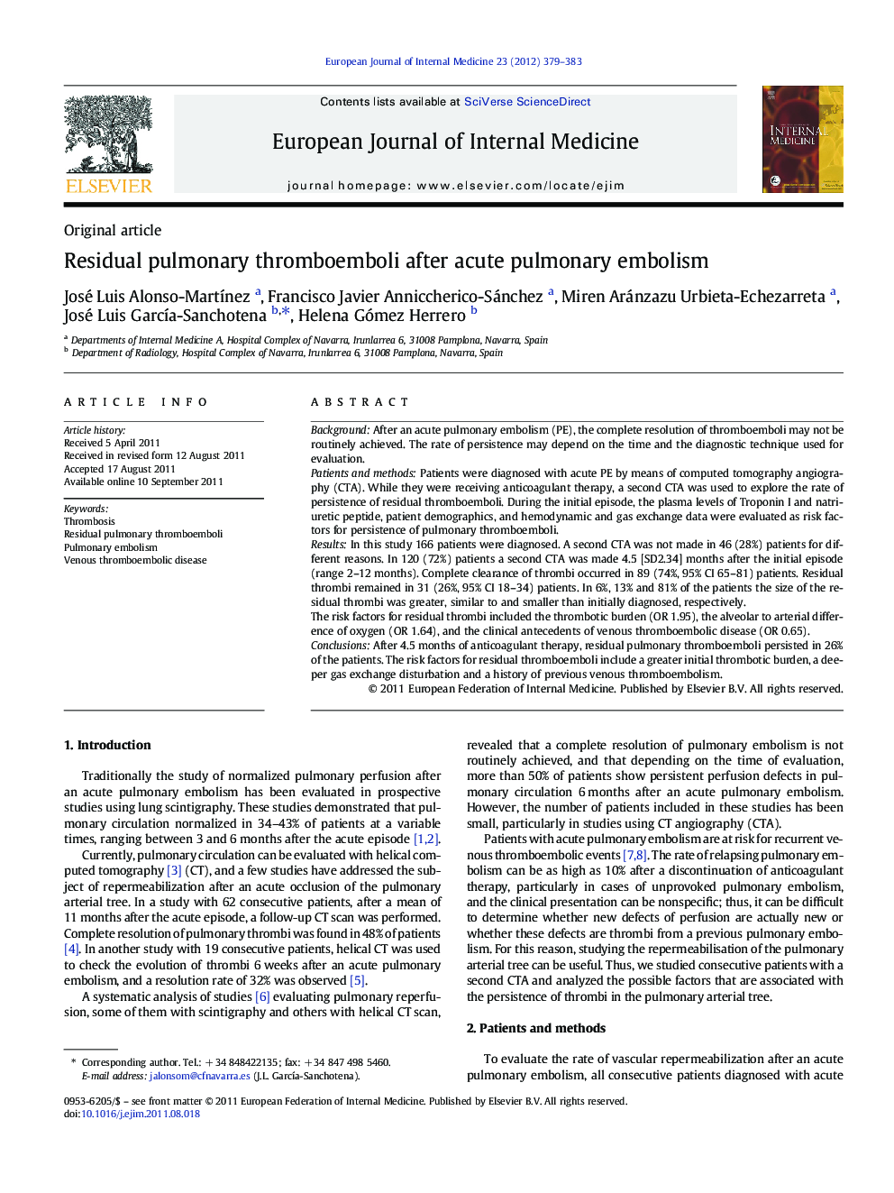 Residual pulmonary thromboemboli after acute pulmonary embolism