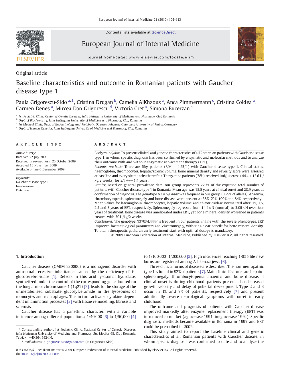 Baseline characteristics and outcome in Romanian patients with Gaucher disease type 1