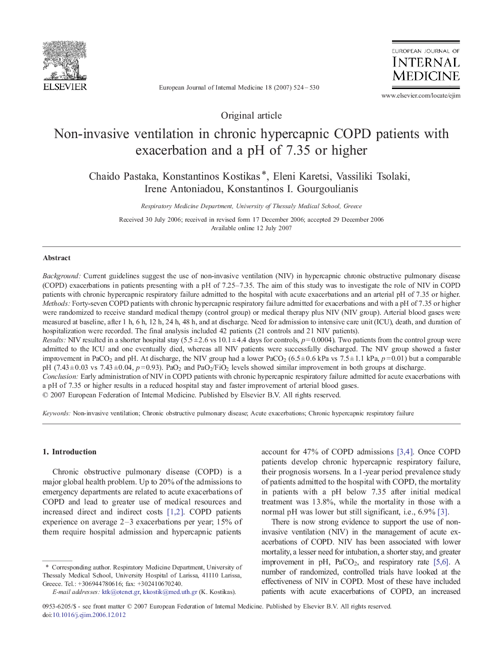 Non-invasive ventilation in chronic hypercapnic COPD patients with exacerbation and a pH of 7.35 or higher