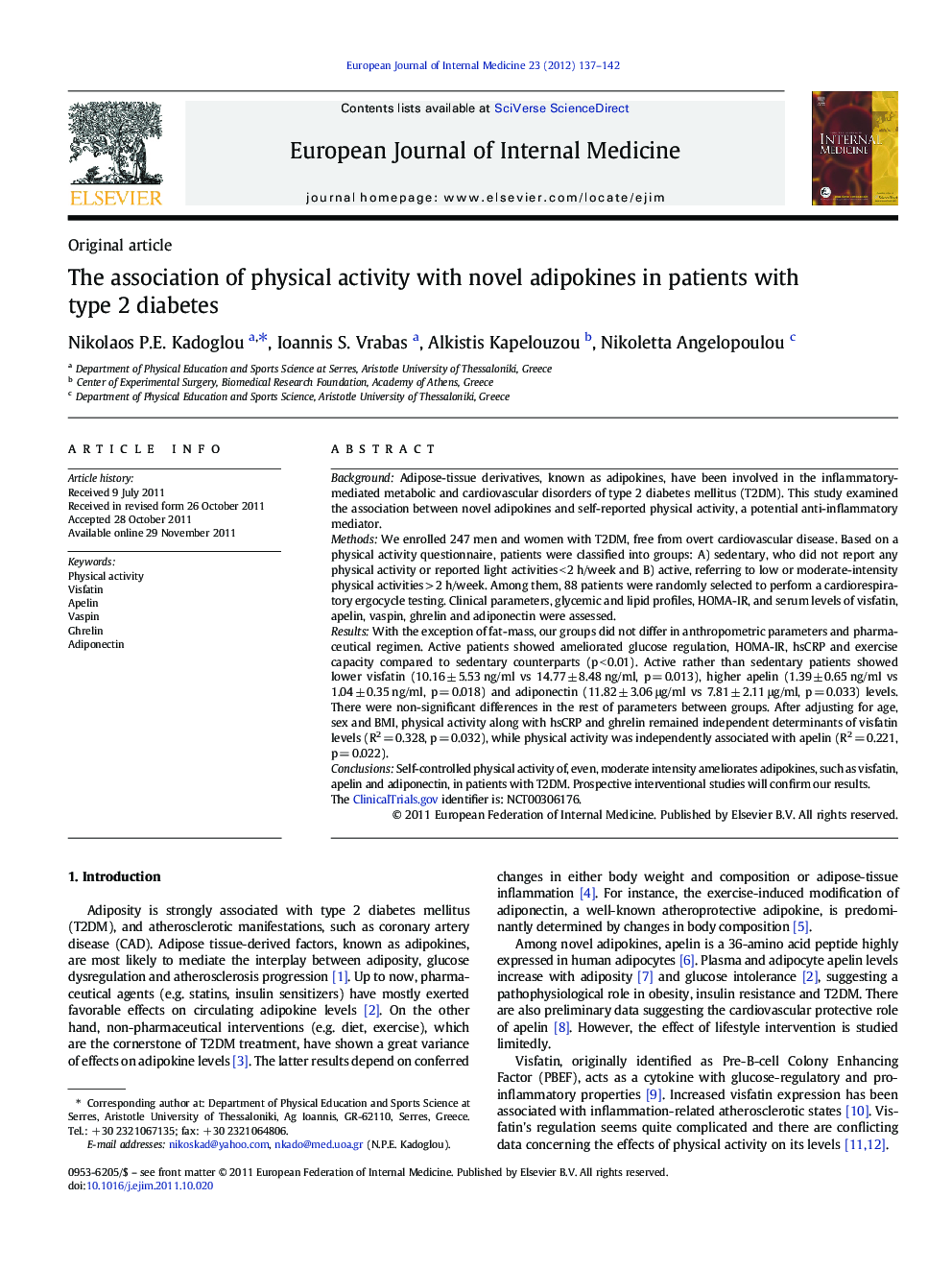 The association of physical activity with novel adipokines in patients with type 2 diabetes