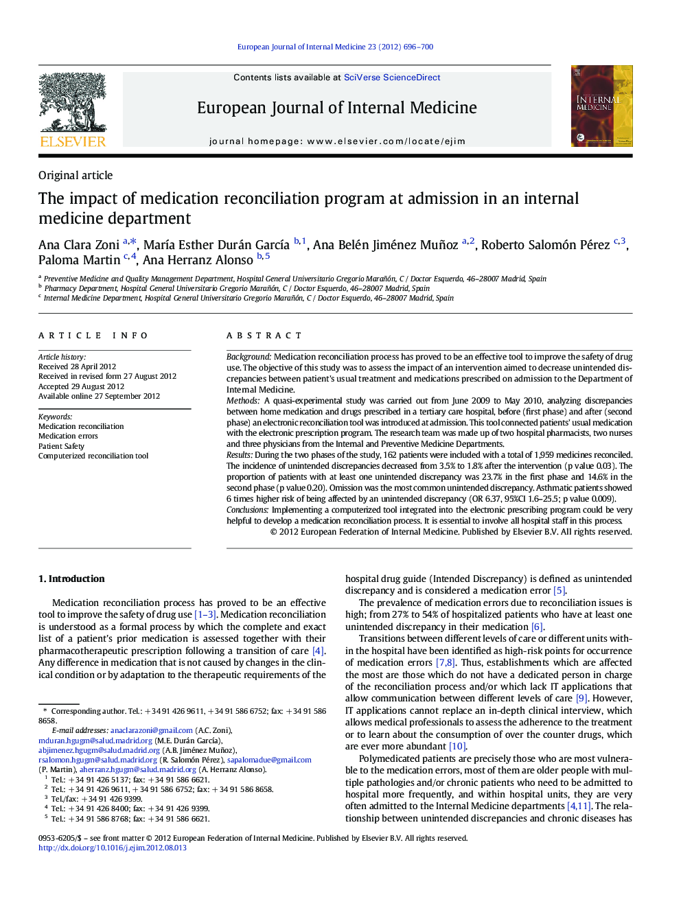 The impact of medication reconciliation program at admission in an internal medicine department