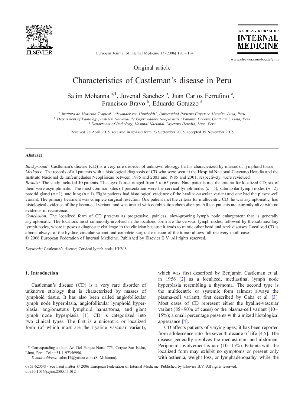 Characteristics of Castleman's disease in Peru