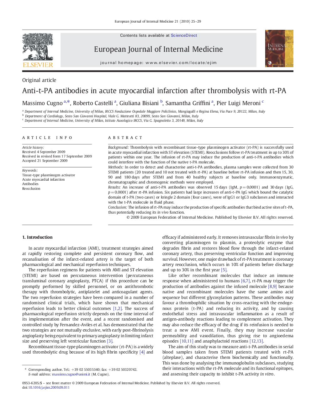 Anti-t-PA antibodies in acute myocardial infarction after thrombolysis with rt-PA