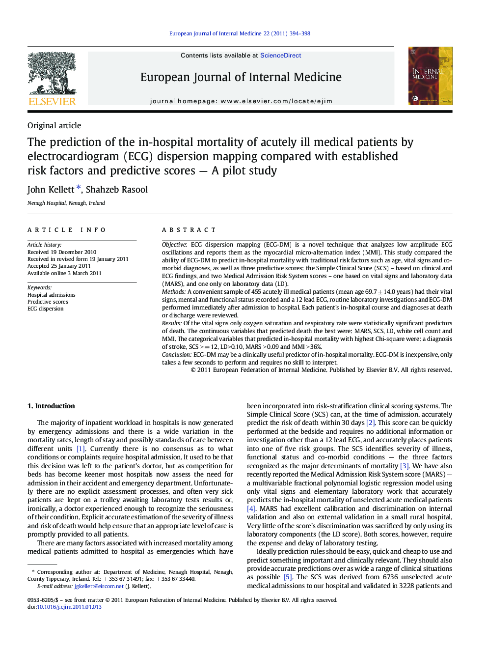 The prediction of the in-hospital mortality of acutely ill medical patients by electrocardiogram (ECG) dispersion mapping compared with established risk factors and predictive scores — A pilot study