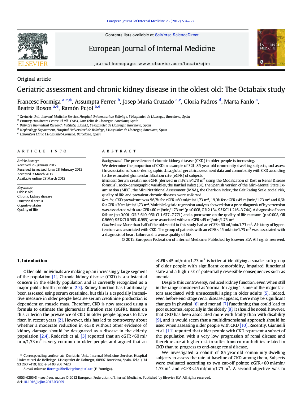 Geriatric assessment and chronic kidney disease in the oldest old: The Octabaix study