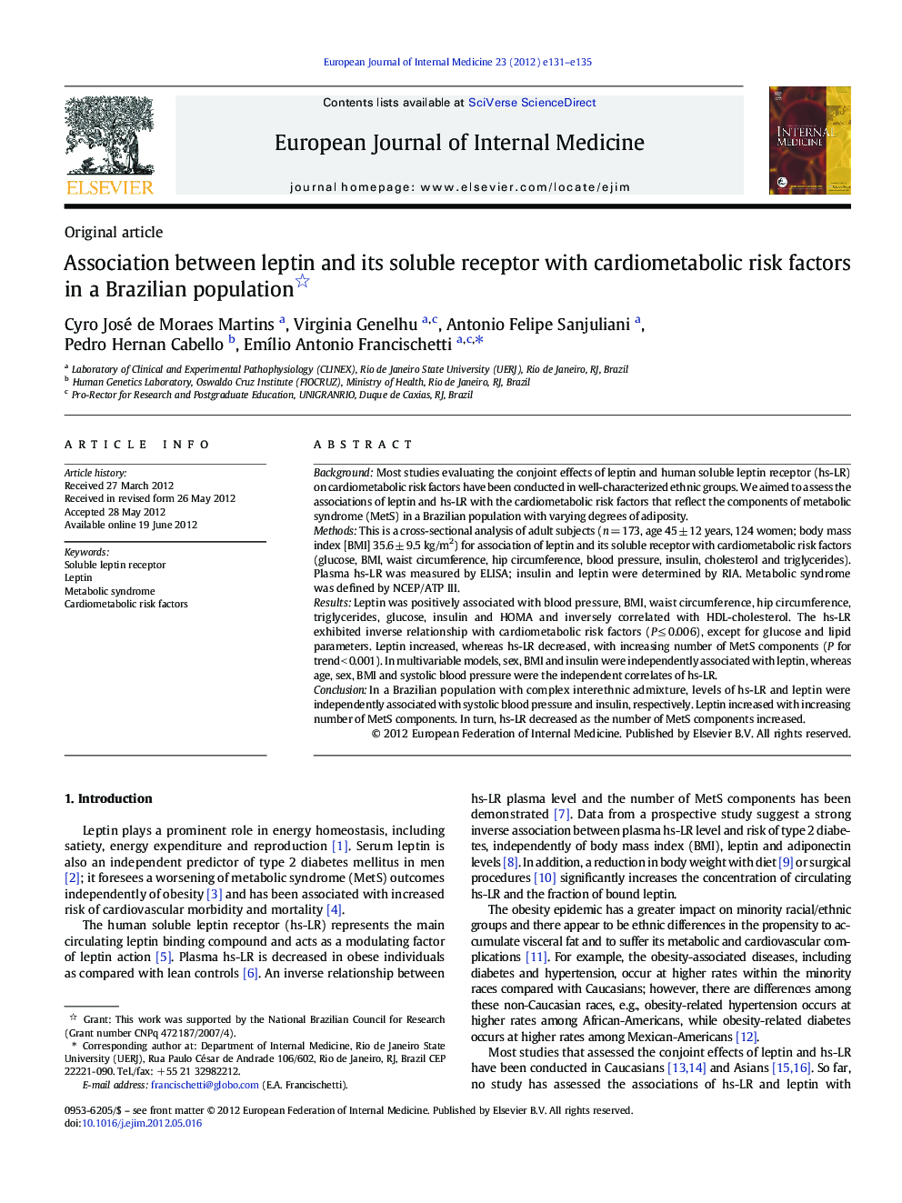 Association between leptin and its soluble receptor with cardiometabolic risk factors in a Brazilian population 