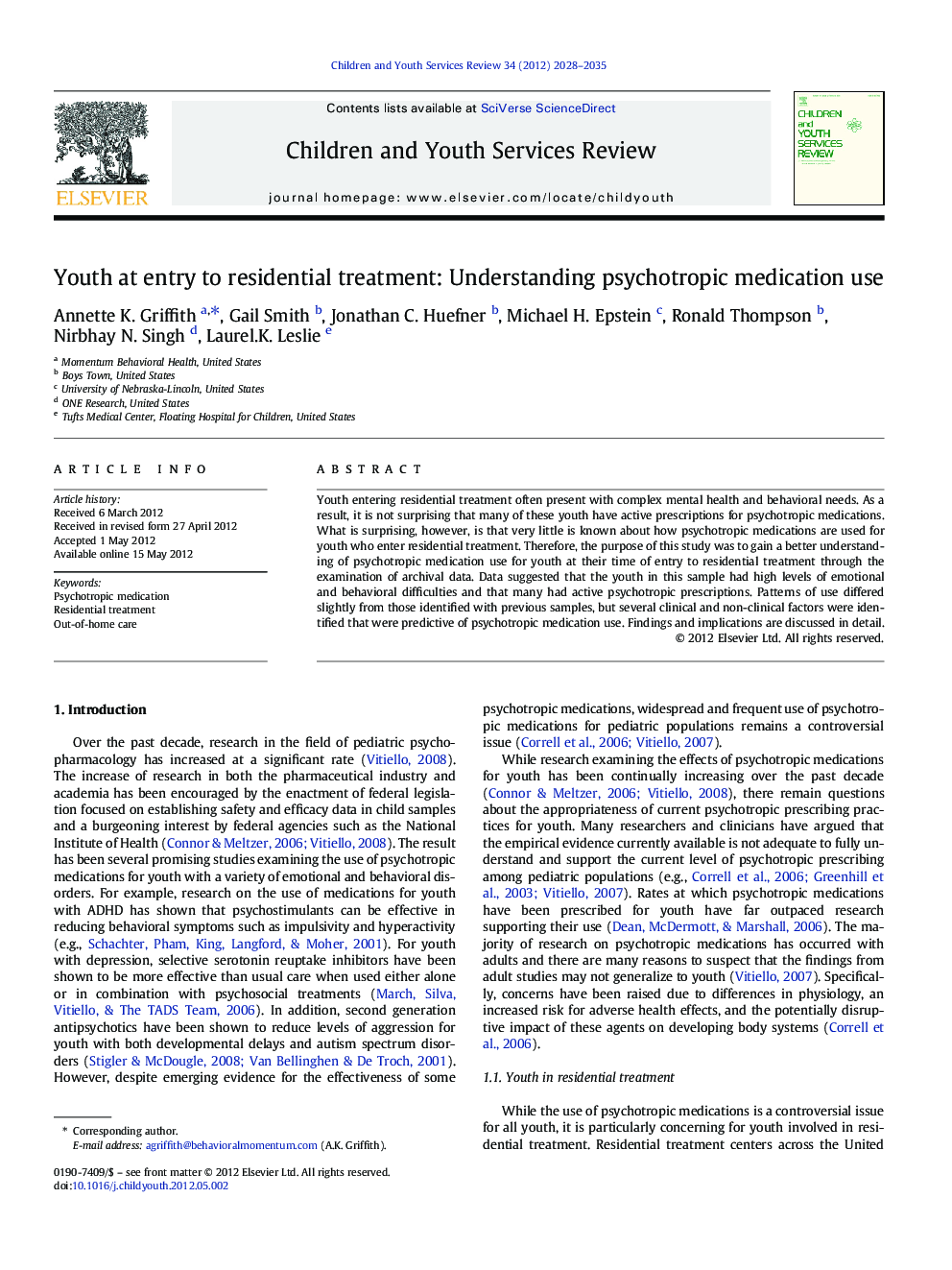 Youth at entry to residential treatment: Understanding psychotropic medication use