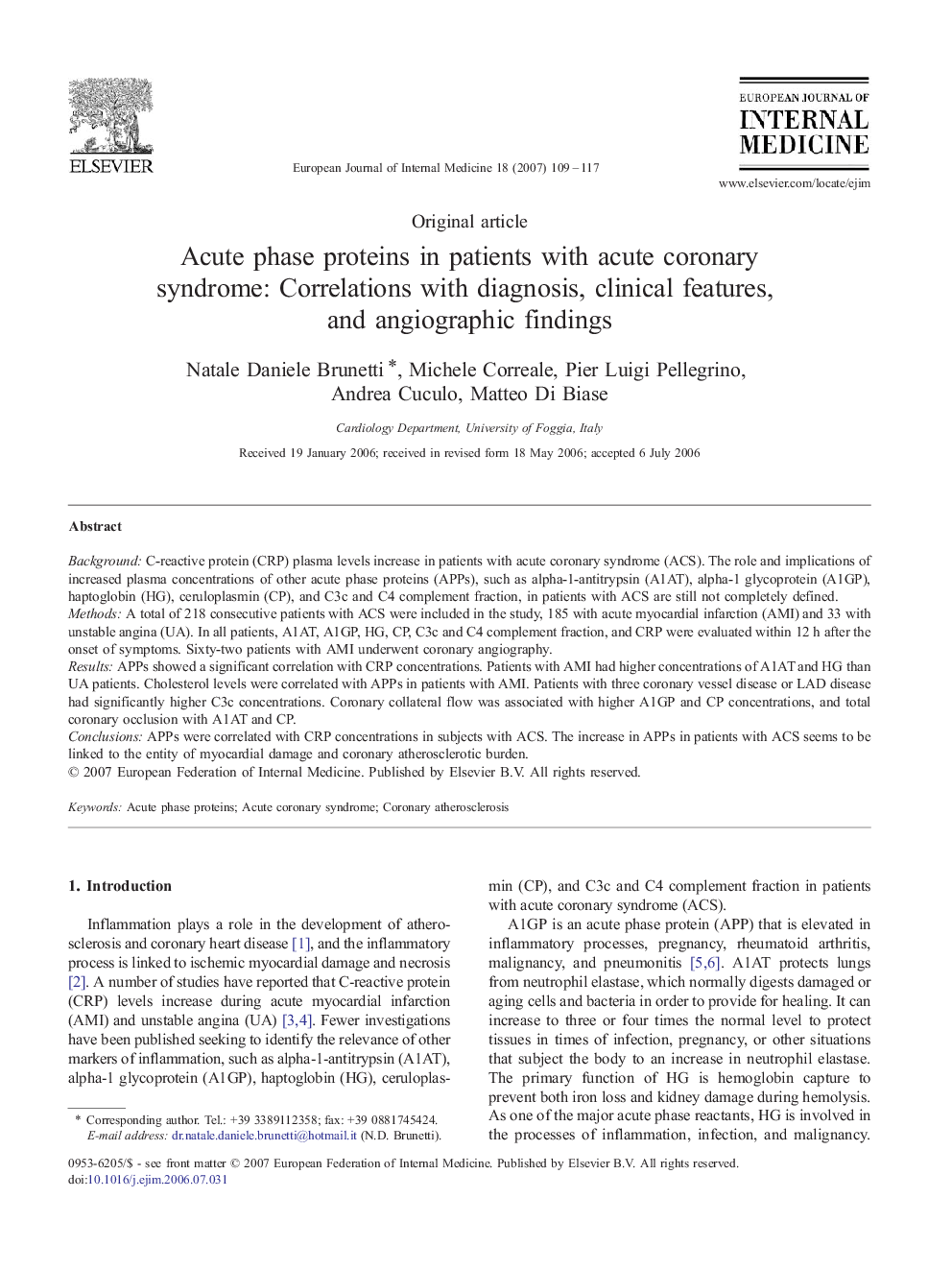 Acute phase proteins in patients with acute coronary syndrome: Correlations with diagnosis, clinical features, and angiographic findings