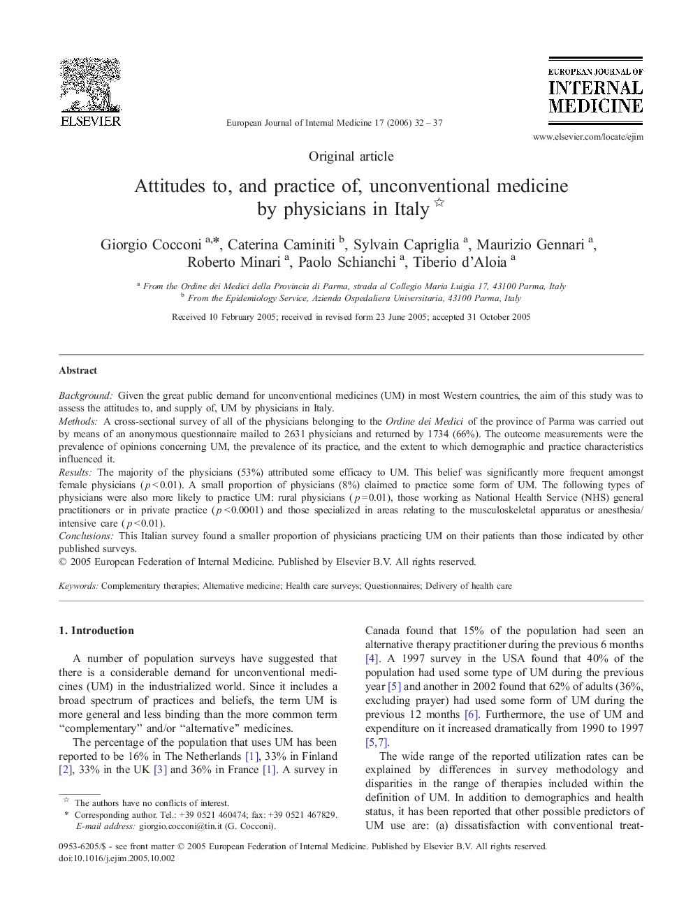 Attitudes to, and practice of, unconventional medicine by physicians in Italy 