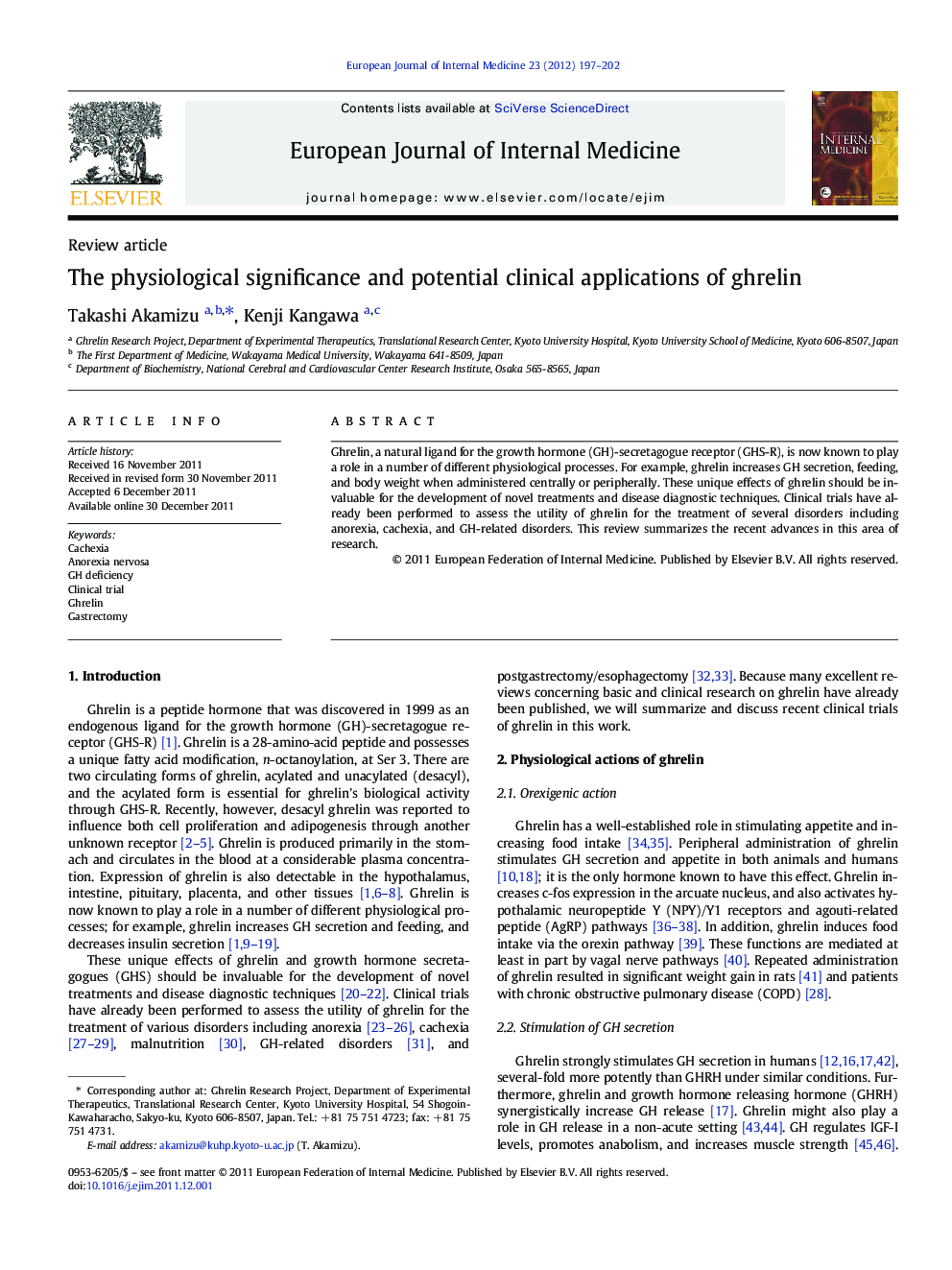 The physiological significance and potential clinical applications of ghrelin